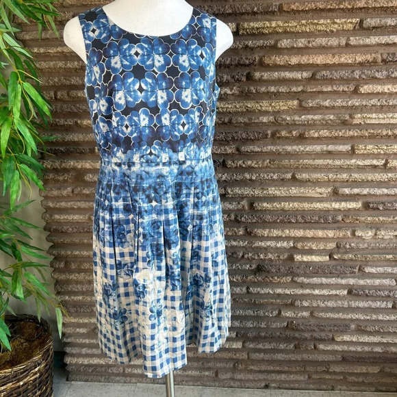Talbots Blue Floral and Checked Fit and Flare Sleeveless Dress Size 12 Petite - Picture 5 of 6
